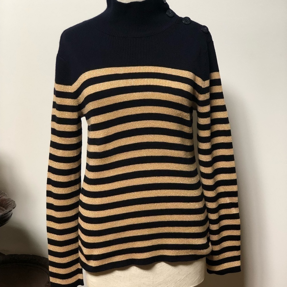 𝅺LAUREN Jeans Ralph‎ Lauren LRL Black and shimmer Gold striped sweater Large